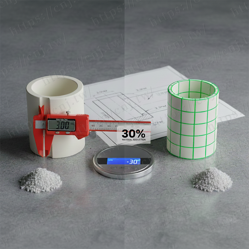 壁厚優化前後對比：3.0mm均勻壁厚 vs 2.0mm壁厚+加強肋，材料用量減少30%，結構強度維持