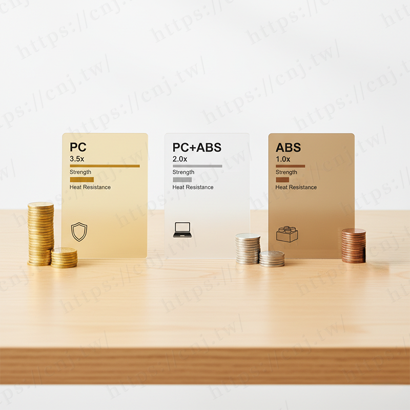 材料替代省錢效果對比：PC vs PC+ABS vs ABS，價格、性能、適用場景三維比較圖