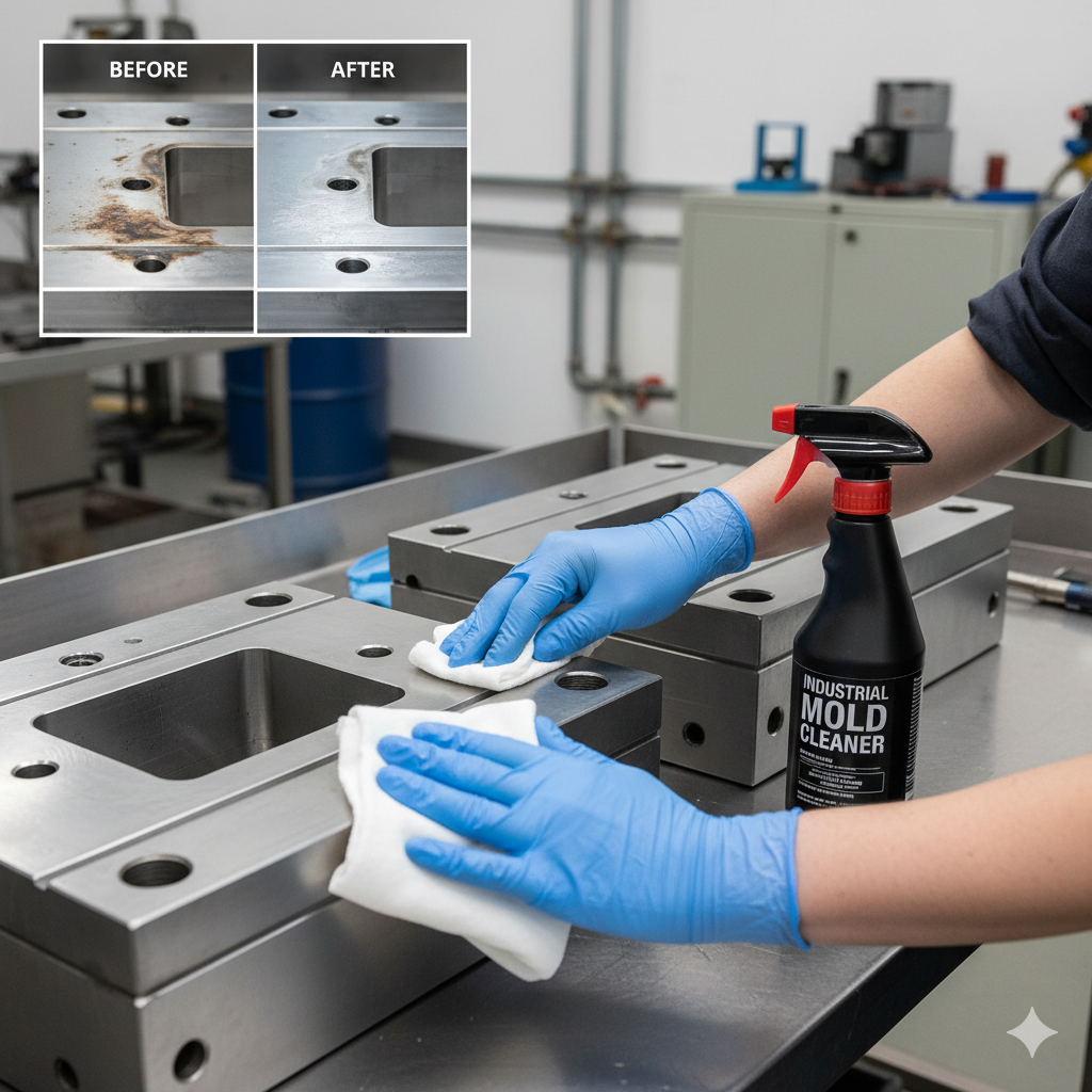 射出模具日常清潔保養作業:使用軟布清除分模面塑料殘留與油污