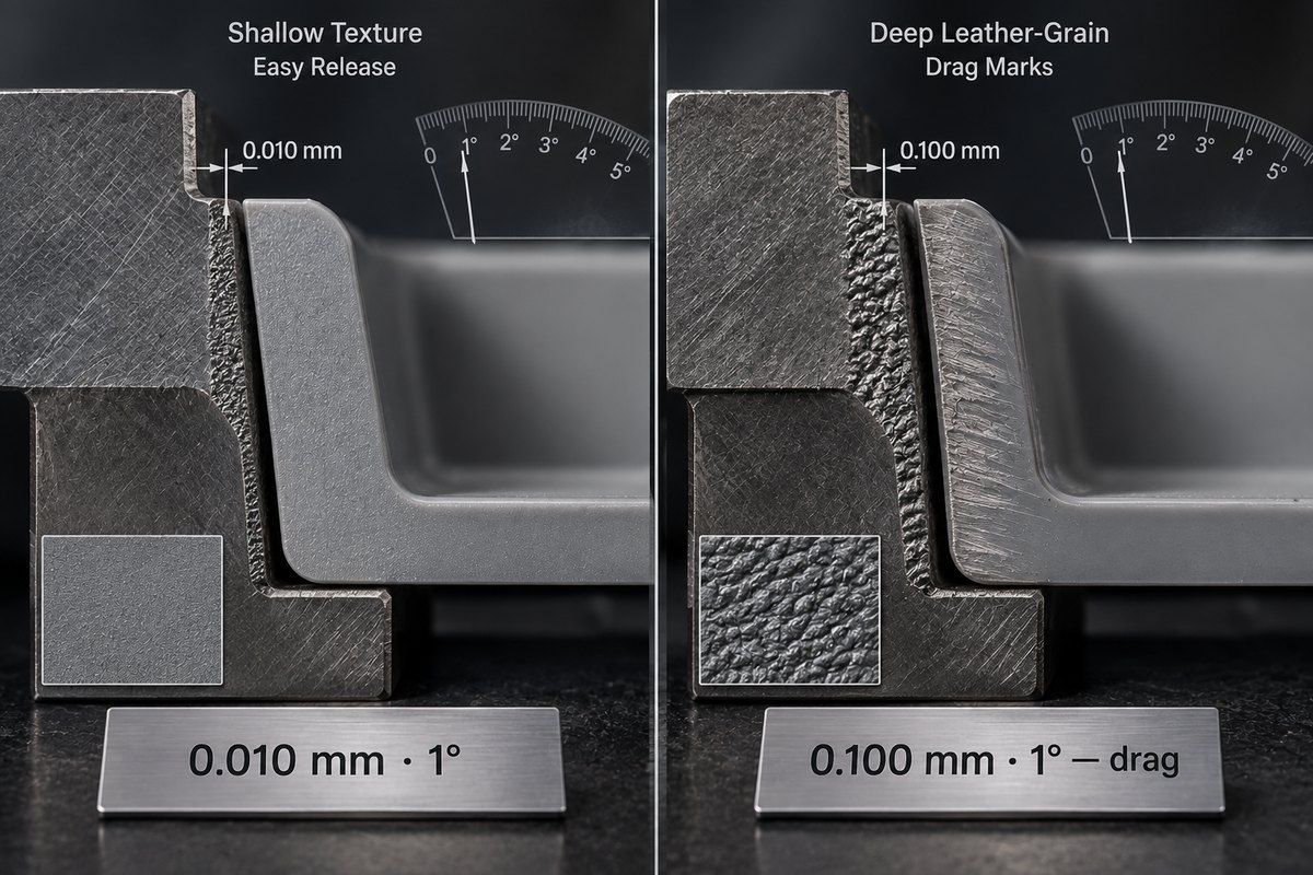 兩組模具側壁剖面對照：左邊淺紋 0.010mm 搭配 1 度拔模角，塑件順利脫模；右邊深皮革紋 0.100mm 搭配同樣的 1 度拔模角，塑件側壁出現垂直拖花與刮傷