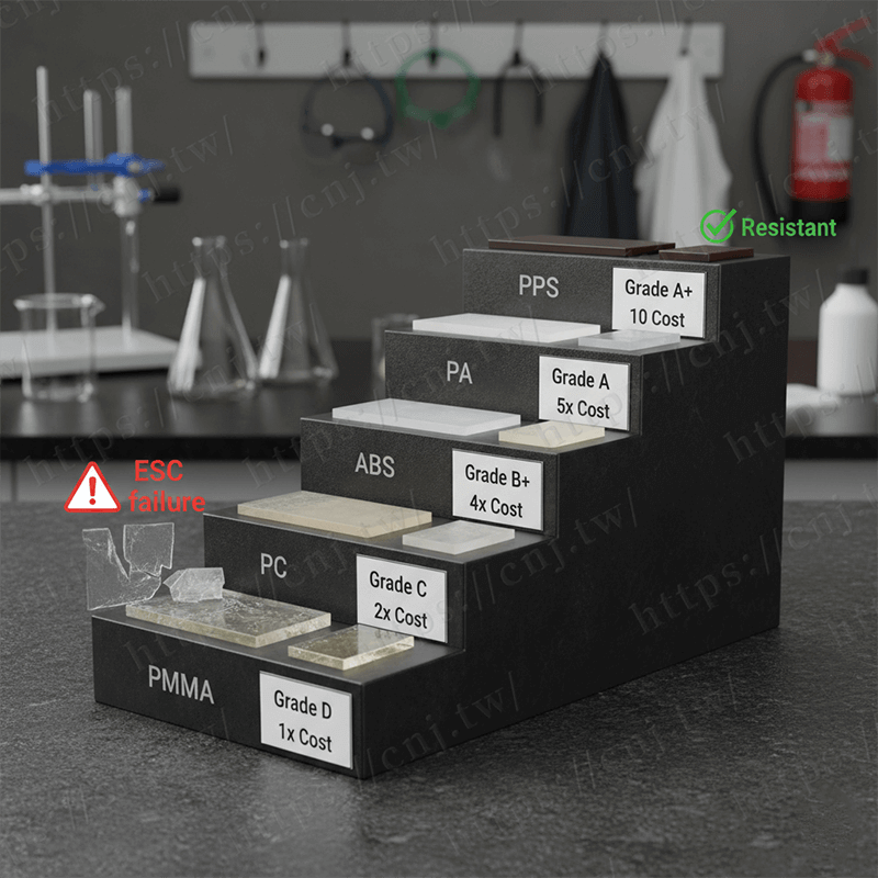 耐化學腐蝕塑膠材料階梯對比圖,從基礎級PP/PE到化工級PTFE/PVDF,標示耐酸、耐鹼、耐溶劑等級,成本從1x到20x階梯式增長